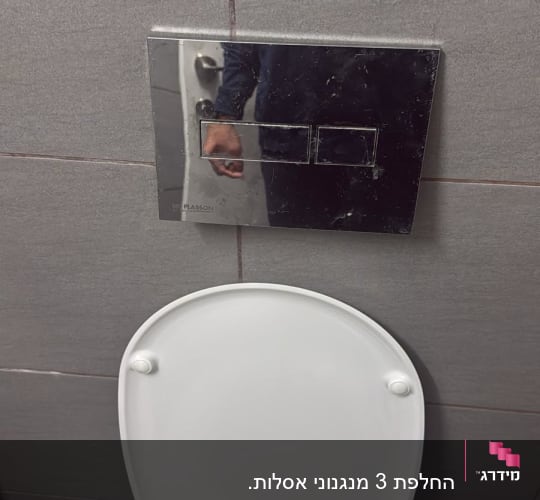 לחצן הדחה ומושב אסלה בחדר שירותים